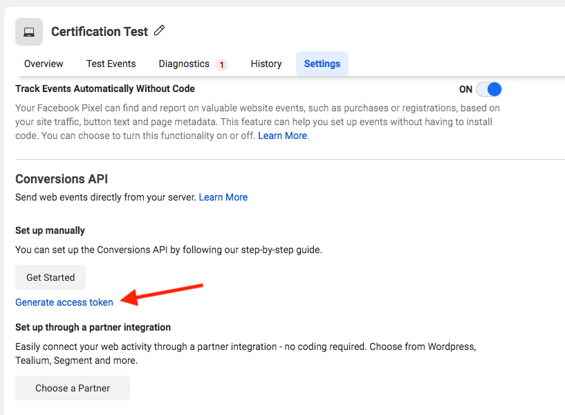 Settings — Generate access token under Conversions API