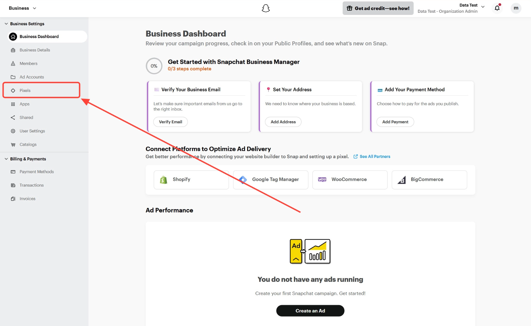 Snapchat Ads Manager — Pixels