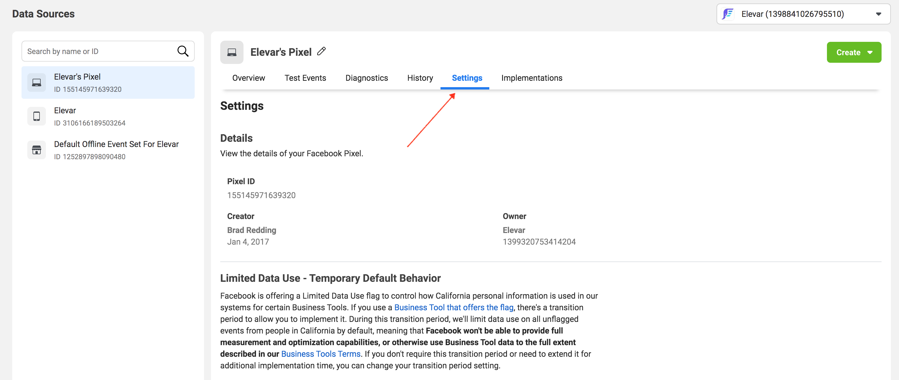 Events Manager Settings — copy Pixel / Dataset ID