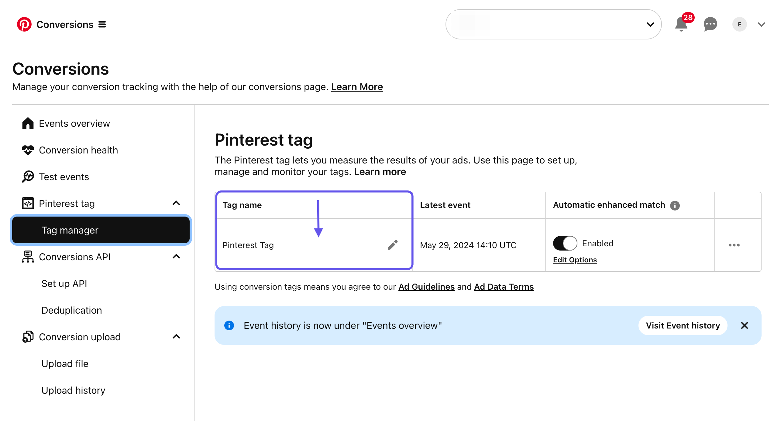 Pinterest Ads — continue to Conversions / Tag