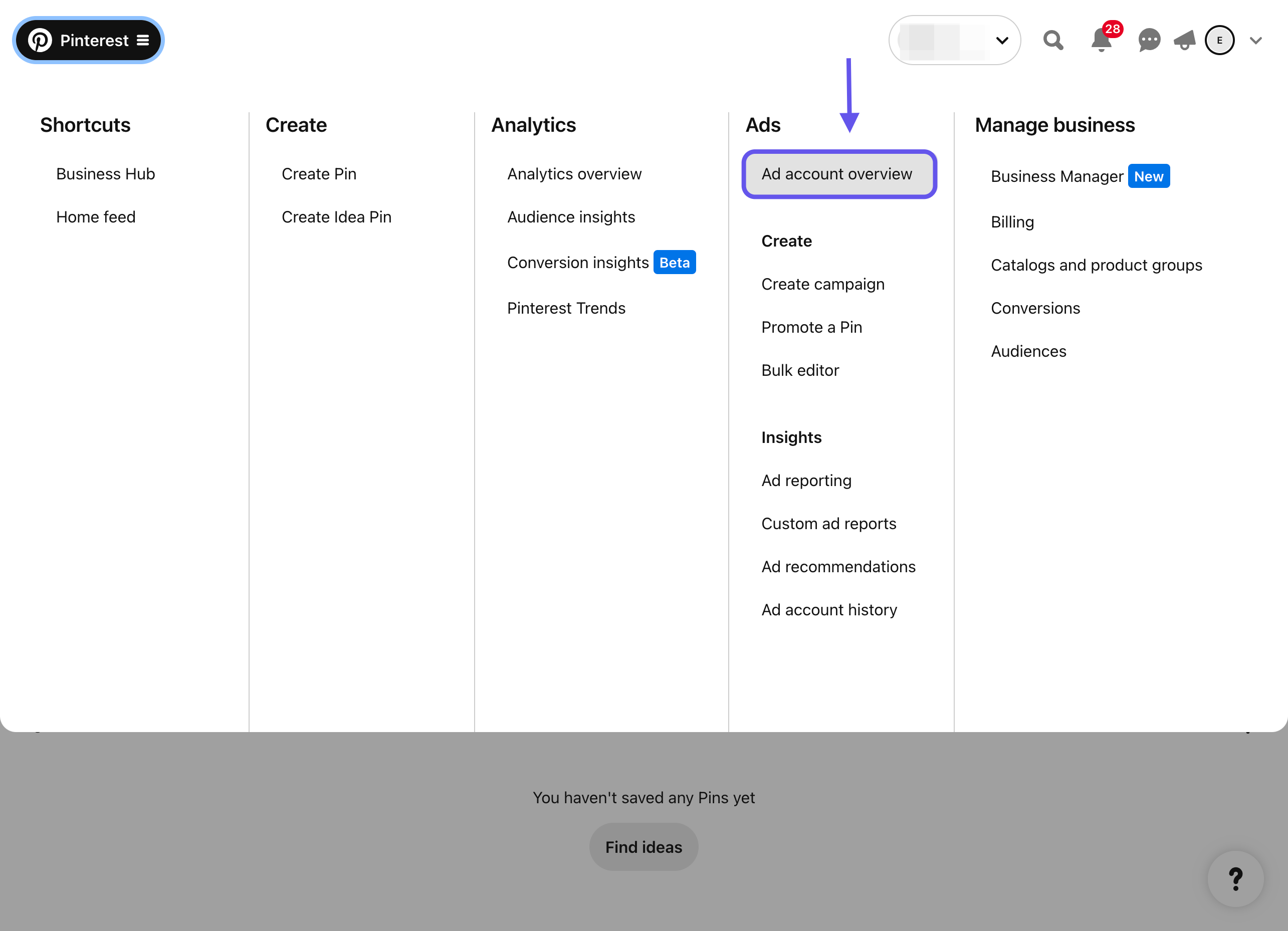 Pinterest Business menu — open Ads / Ad account overview